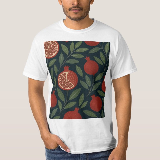 Camiseta Pomegranato e Padrões de Folhagem (Frente)