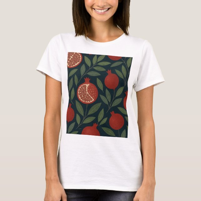 Camiseta Pomegranato e Padrões de Folhagem (Frente)