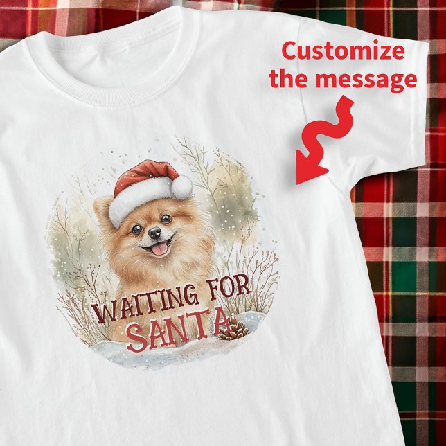 Camiseta Pomerânia Boca Esperando Por Papais noeis Aquarela (Cute Pomeranian Puppy Waiting For Santa Watercolor T-Shirt)