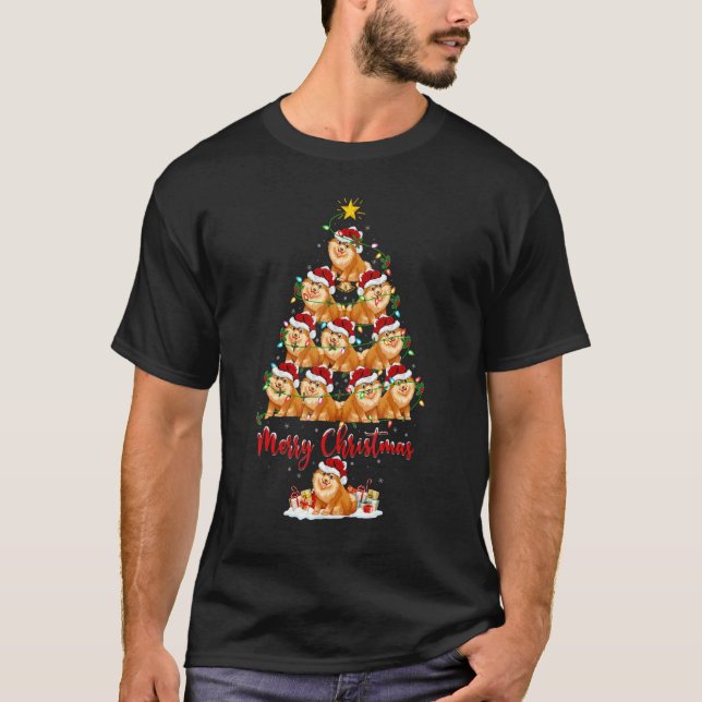 Camiseta Pomerânia Cão-Árvore de Natal Luz Pomerana (Frente)