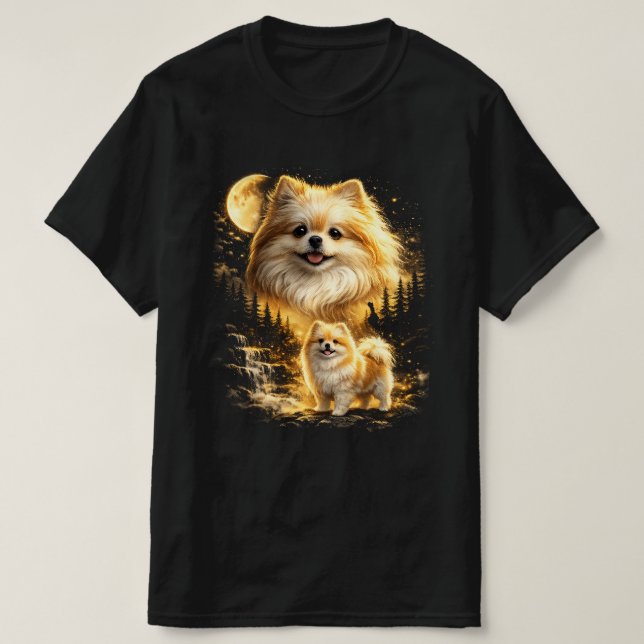 Camiseta Pomerânia Sorridente para a Lua (Frente do Design)