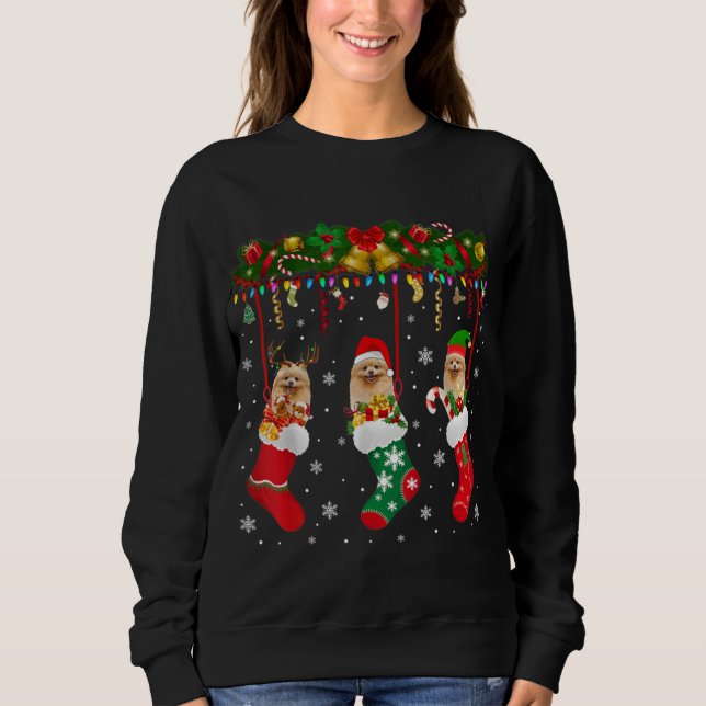 Camiseta Pomeranian In Sock Xmas Reindeer Santa ELF Dog (Frente)