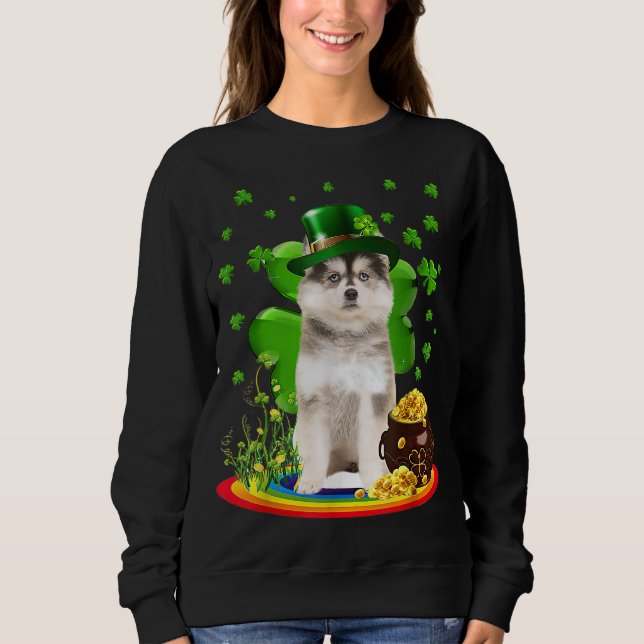 Camiseta Pomsky Dia de São Patrício sobre o Cão Shamrock Ir (Frente)