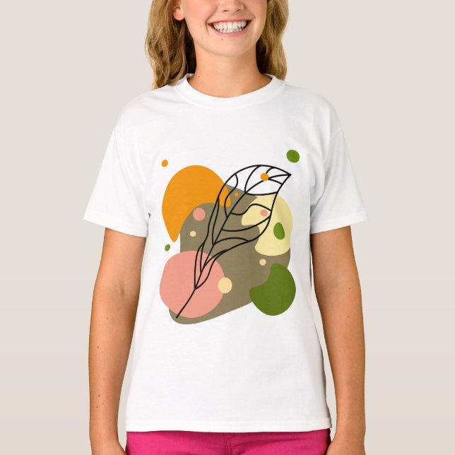 Camiseta Pontos de abstrato interessantes com folhas (Frente)