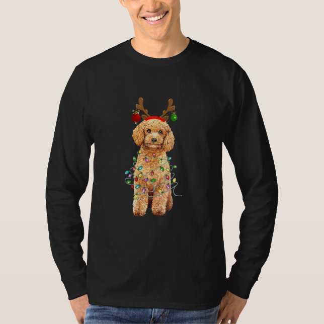 Camiseta Poodle de Natal Luz Reindeer Antlers Presentes (Frente)