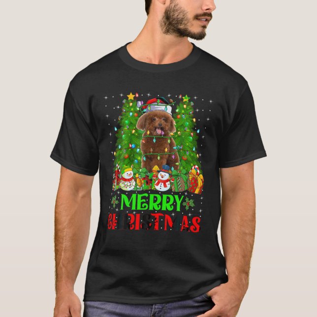 Camiseta Poodle Dog Árvore de Natal Luzes Papais noeis de F (Frente)