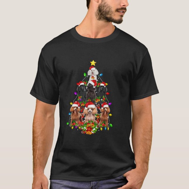 Camiseta Poodle Engraçado Árvore de Natal Luzes de Puppy Po (Frente)