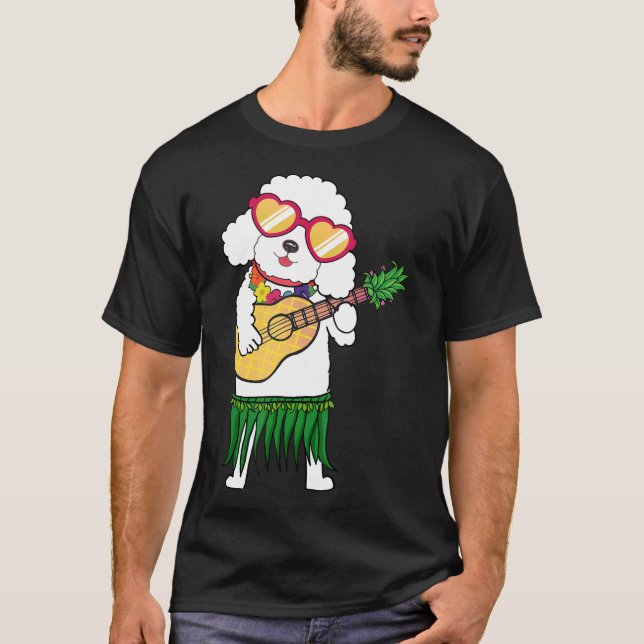 Camiseta Poodle Hawaiian Costume Jogando Ukulele Summer Gif (Frente)