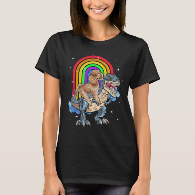 Camiseta Poodle Riding Dinossaur T rex Rainbow (Frente)