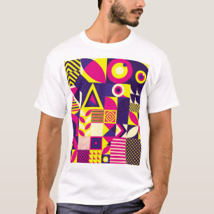 Camiseta Pop art, formas geométricas coloridas.
