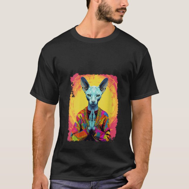 Camiseta Pop Art Sem Cabelos Esfinge Meditando Cat Prayer V (Frente)