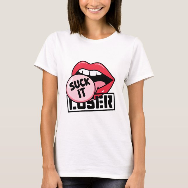 Camiseta Pop com Design de Lábios de arte assombrosa "Suck  (Frente)