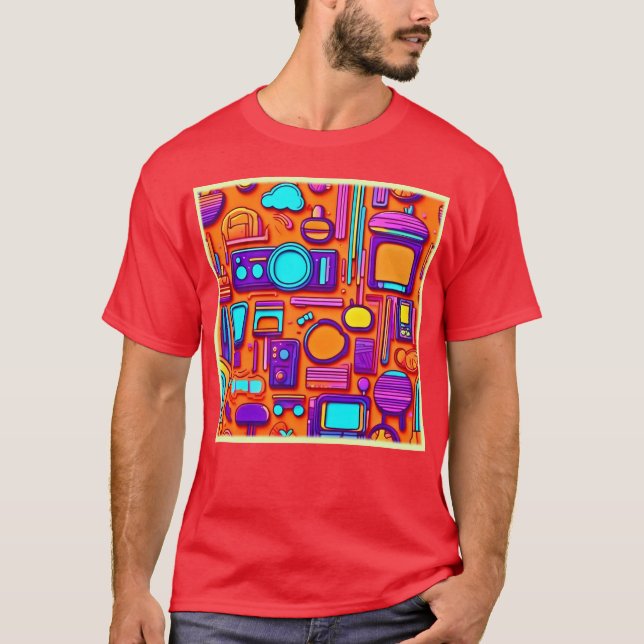 Camiseta Pop da Retro-Tech: Colagem de Gadgets Nostálgicos (Frente)