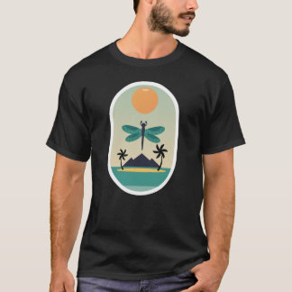 Camiseta Pôr do Sol de Libélula Tropical Vibes de Ilha Retr
