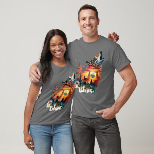 Camiseta Pôr do sol dupla exposição lobo uivando