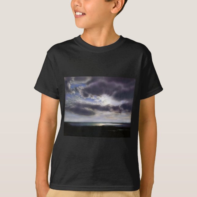 Camiseta Pôr do sol sobre a pintura a aquarela do lago (Frente)
