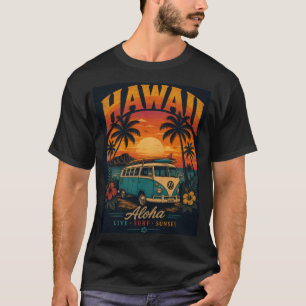 Camiseta Pôr-do-sol Vintage Havaiano Palmeiras Prancha de S