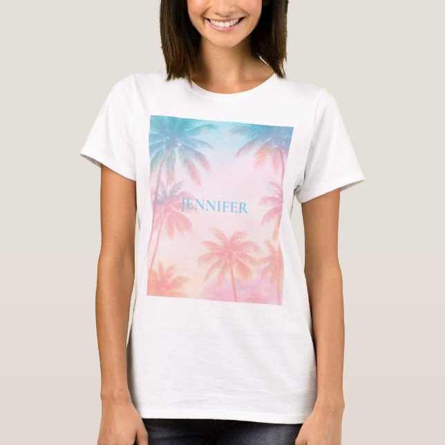 Camiseta Pôr do sol vintage na praia palmeiras pastel (Frente)