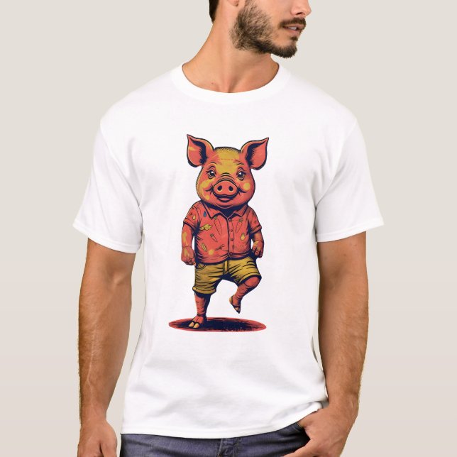 Camiseta Porco Antropomórfico No Nó Neon Retro-Pop (Frente)