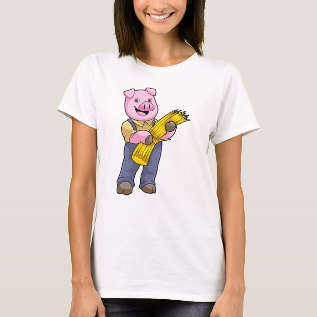 Camiseta Porco como agricultor com palha (Frente)