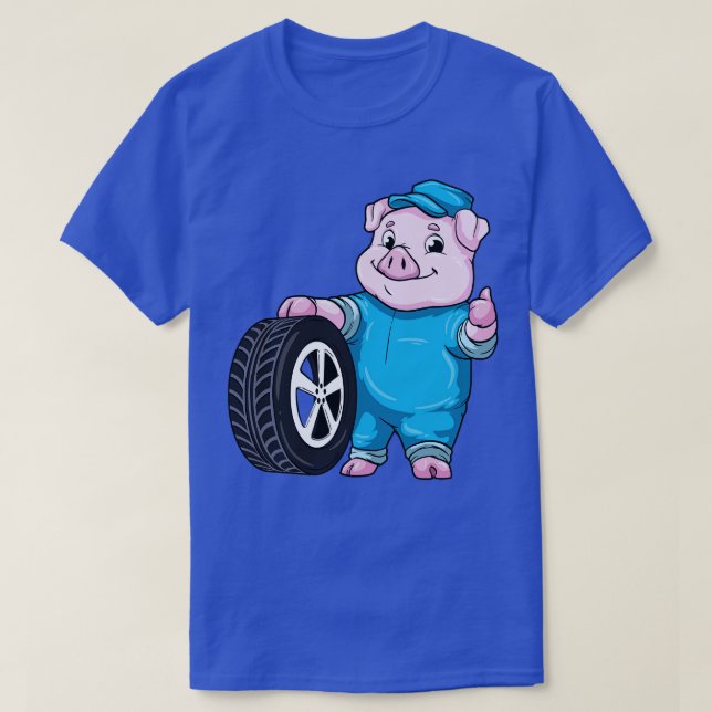 Camiseta Porco como mecânico com pneus (Frente do Design)