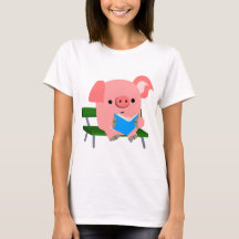 Porco de Cartoon Bonito Leitura em Camiseta-T de B
