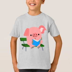 Camiseta Porco de Cartoon Bonito Lendo em Camiseta-T para C