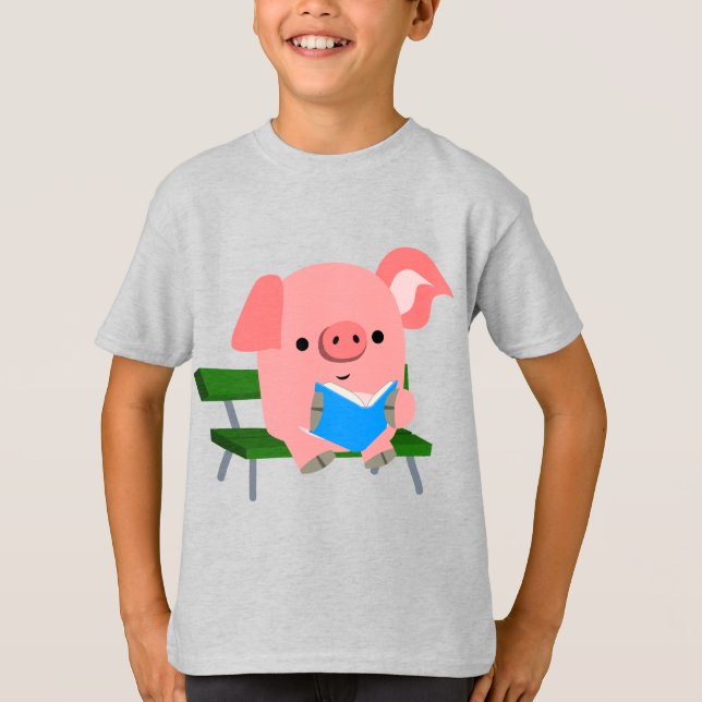 Camiseta Porco de Cartoon Bonito Lendo em Camiseta-T para C (Frente)