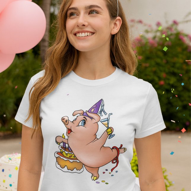 Camiseta Porco de Festa de aniversário dançante com bolo e  (Criador carregado)
