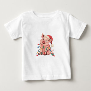 Camiseta Porco de Luzes de Natal Vestindo Chapéu de Natal -