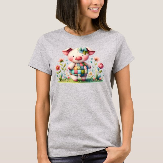 Camiseta Porco de retalhos de trigo no jardim floral (Frente)