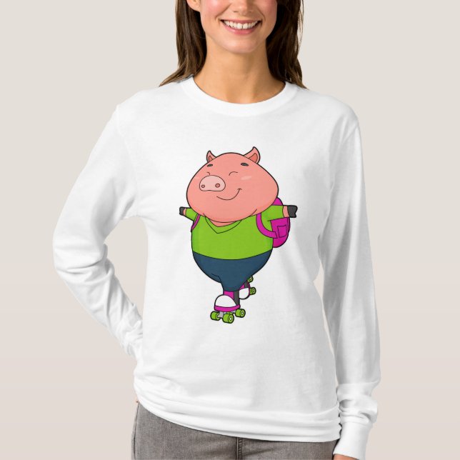 Camiseta Porco em patinagem em linha com skates de cilindro (Frente)