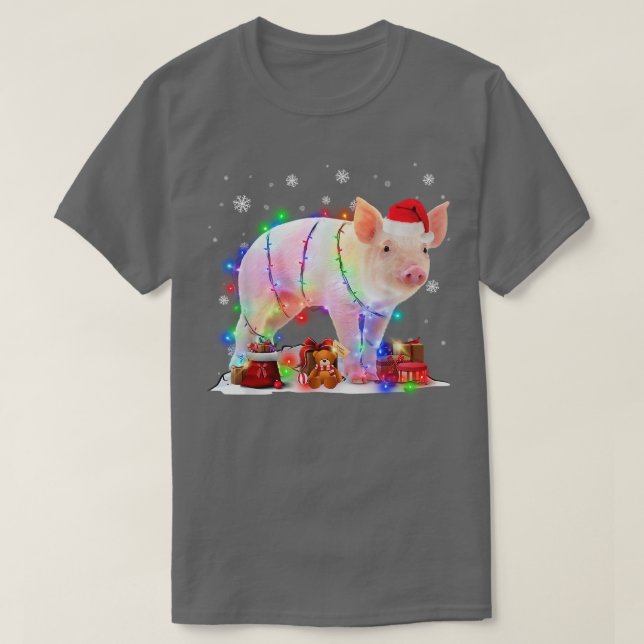 Camiseta Porco Engraçado Árvore Luzes de Natal Xmas Pijama  (Frente do Design)