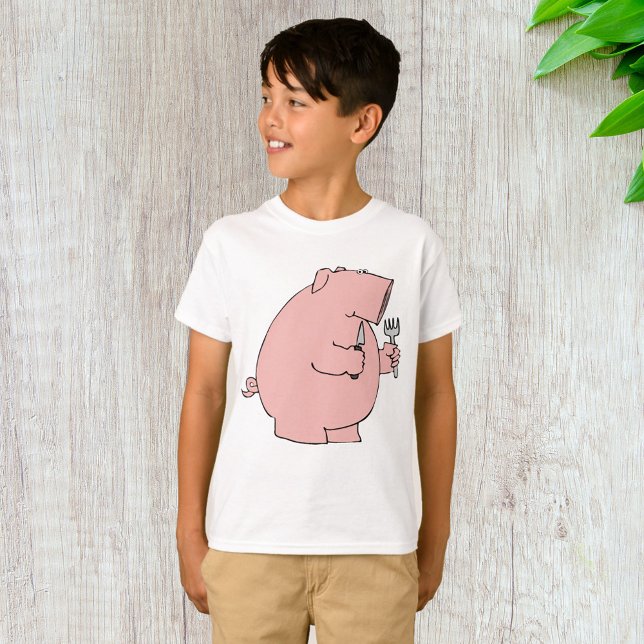 Camiseta Porco Hambriento Engraçado Segurando Garfo e Faca (Criador carregado)