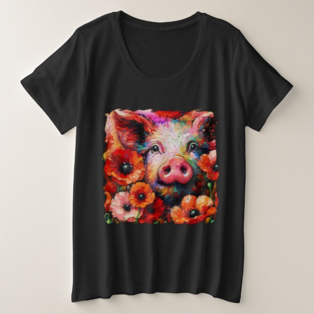 Camiseta Porco Impressionista em Flores Vermelhas (Frente do Design)