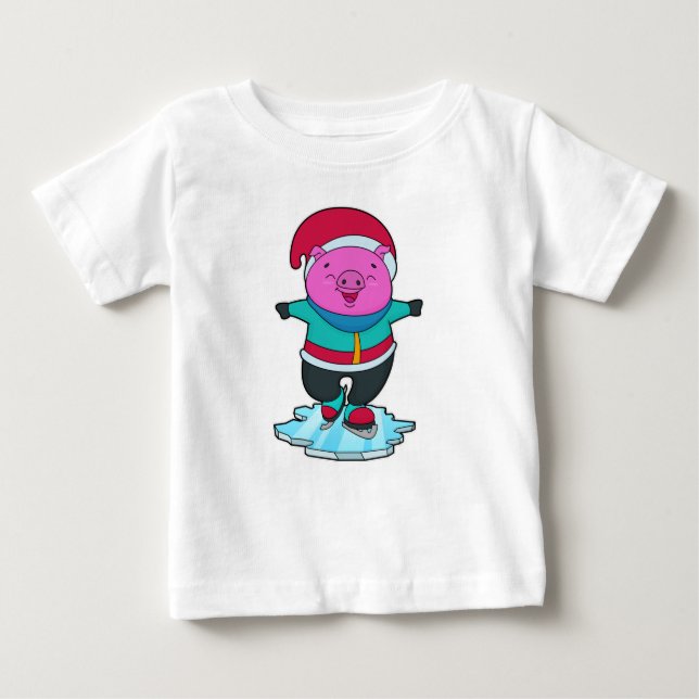 Camiseta Porco na patinação de gelo com skates de gelo e ch (Frente)