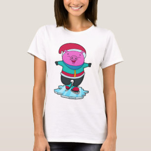 Camiseta Porco na patinação de gelo com skates de gelo e ch