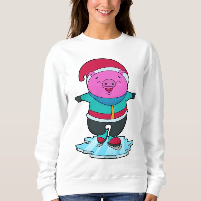 Camiseta Porco na patinação de gelo com skates de gelo e ch (Frente)