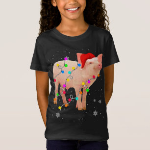 Camiseta Porco Natal Luz Engraçada Xmas Santa Hat Animais