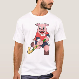 Camiseta Porco no Hockey com taco de Hóquei