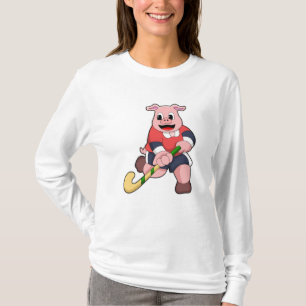 Camiseta Porco no Hockey com taco de Hóquei