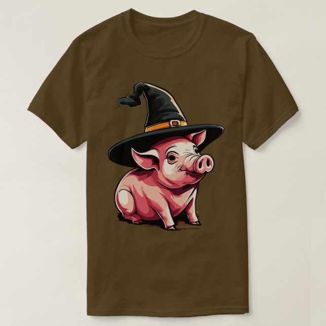 Camiseta Porco num chapéu de bruxas de halloween porco 1 (Frente do Design)