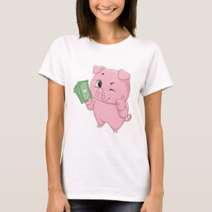 Camiseta Porco Rosa Segurando Dinheiro Fazendo Polegar Para