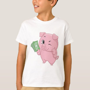 Camiseta Porco Rosa Segurando Dinheiro Fazendo Sinal de Pos