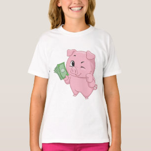Camiseta Porco Rosa Segurando Dinheiro Fazendo Sinal de Pos