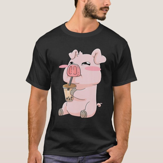 Camiseta Porcos Pig Boba Bubble Tea Anime Kawaii Cute Gift (Frente)