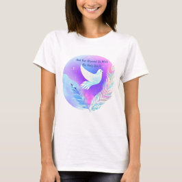 Camiseta Porta branca com penas cor-de-rosa e azuis