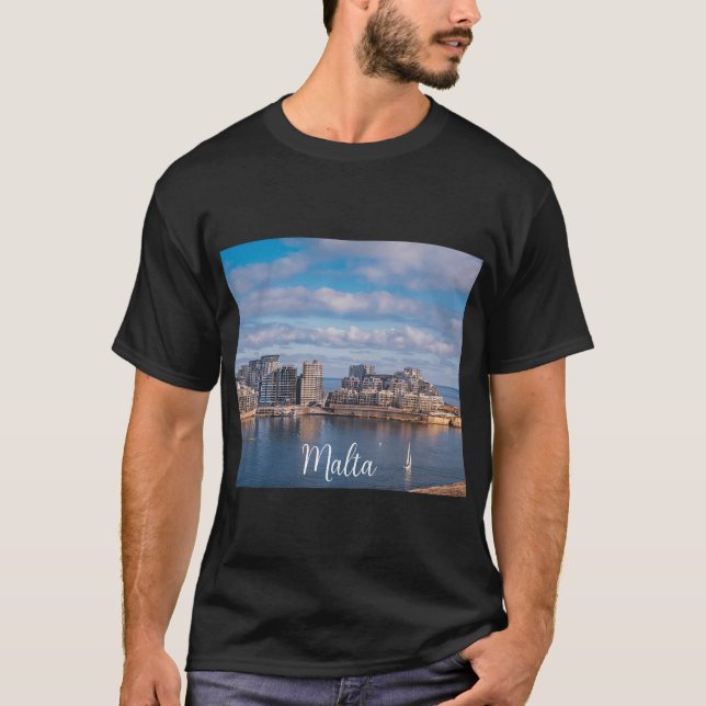 Camiseta Porto de Sliema e arranha-céus em Malta (Frente)