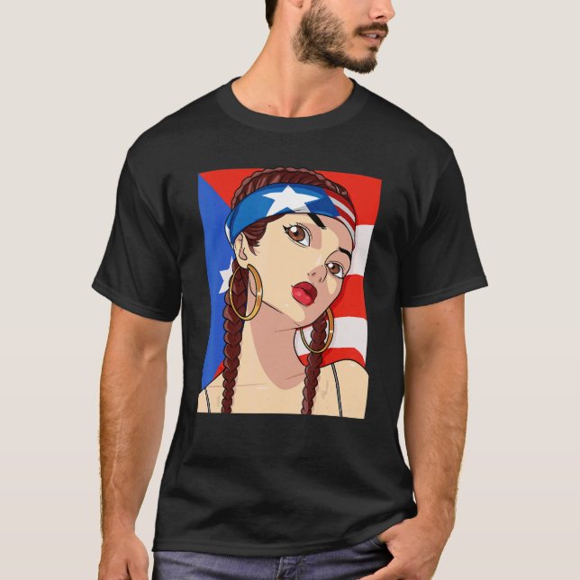 Camiseta Porto Rico Flag Hip Hop Girl Latino Rican Orgulho  (Frente)