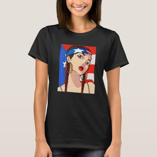 Camiseta Porto Rico Flag Hip Hop Girl Latino Rican Orgulho  (Frente)